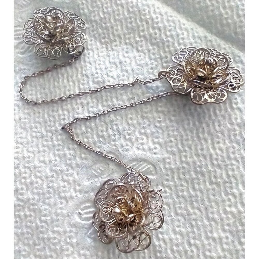 Brooch Silver Blend Delicate Filigree Flowers Malaysia Kerongsang Pin Trio